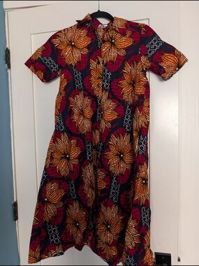 Button-Front Midi Dress in Burgundy with Orange Floral Print